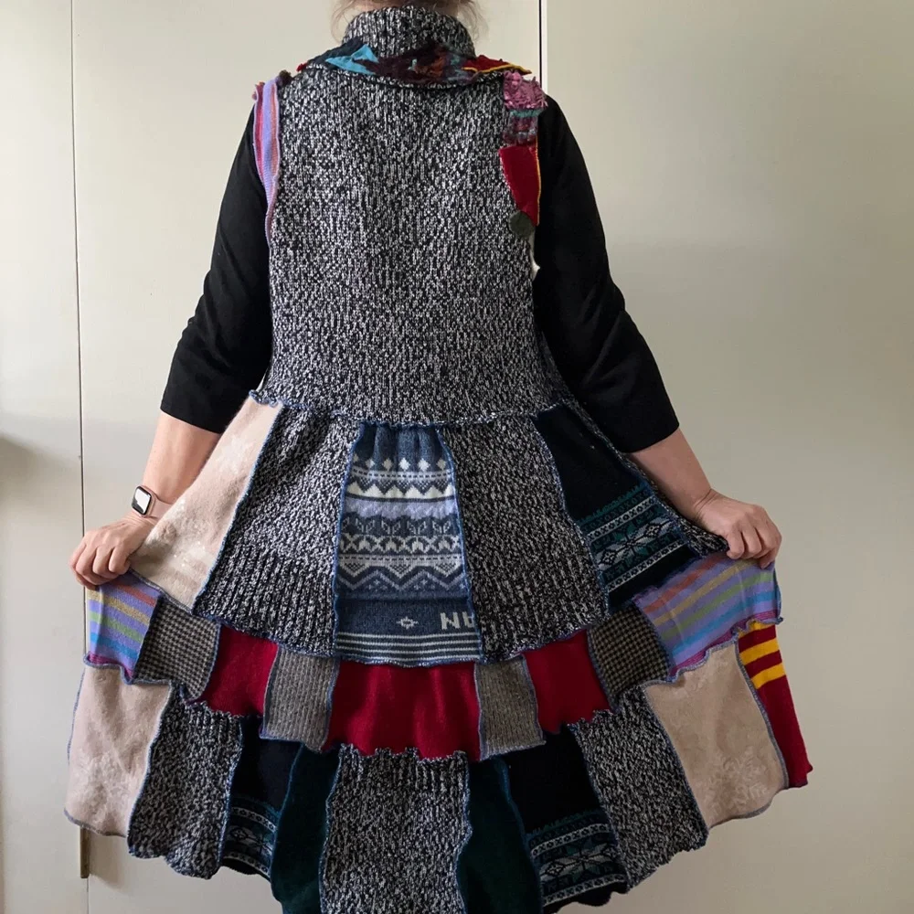 Upcycled Sweater Vest Long Cardi Boho Hippie Tiered Pixie Patchwork Cottage Core - Picture 6 of 14